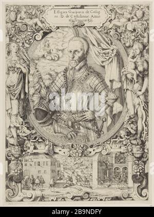 Gaspard de Coligny, Admiral von Frankreich, vor dem Massaker in der Nacht des Heiligen Bartholomäus (Hollstein 2; Bartsch 17) Jost Amman (1539-1591). "Gaspard de Coligny, amiral de France, devant le Massacre de la nuit de la Saint Barthélémy (Hollstein 2; Bartsch 17)". Eau-forte. 1573. Musée des Beaux-Arts de la Ville de Paris, Petit Palais. Stockfoto