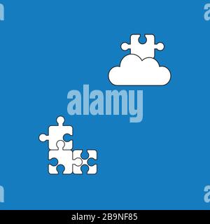 Vektorsymbol Konzept von drei Puzzleteilen verbunden und fehlendes Puzzleteil auf der Cloud. Weiße Farbe mit schwarzen Umrissen und blauem Hintergrund. Stock Vektor