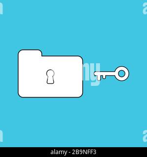 Vektorsymbol Konzept von geschlossenem Ordner und Schlüsselloch mit Taste. Weiße Farbe mit schwarzen Umrissen und blauem Hintergrund. Stock Vektor