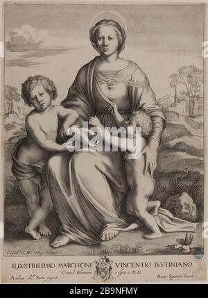 Die Jungfrau, der Säugling Jesus und der heilige Johannes der Täufer von Andrea del Sarto (Dutuit S. 29, Le Blanc 23) Cornelis II Bloemaert, dit le Jeune (1603-1692). La Sainte Vierge, l'Enfant Jésus et Saint Jean Baptiste d'après Andréa del Sarto (Dutuit S. 29, Le Blanc 23). Burin, XVIIe siècle. Musée des Beaux-Arts de la Ville de Paris, Petit Palais. Stockfoto