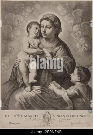 Die Jungfrau mit dem Jesuskind in einer Herrlichkeit von Engeln nach Titian (Dutuit S. 29, Le Blanc 24) Cornelis II Bloemaert, dit le Jeune (1603-1692). La Sainte Vierge avec l'Enfant Jésus dans une gloire d'anges d'après Titien (Dutuit S. 29, Le Blanc 24). Burin, XVIIe siècle. Musée des Beaux-Arts de la Ville de Paris, Petit Palais. Stockfoto