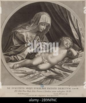 Die Jungfrau, die das Jesuskind nach Guido Reni (Dutuit S. 30, Le Blanc 20) anführt Cornelis II Bloemaert, dit le Jeune (1603-1692). La Vierge en adoration devant l'Enfant Jésus d'après Guido Reni (Dutuit S. 30, Le Blanc 20). Burin, XVIIe siècle. Musée des Beaux-Arts de la Ville de Paris, Petit Palais. Stockfoto