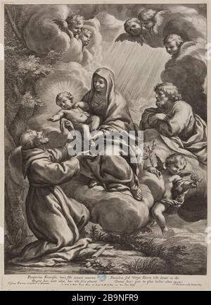 Der heilige Franziskus, der in ihren Armen das Jesuskind empfängt, wird von der "Sainte Vierge d'après Ciro Ferri" (S.33 Dutuit, Le Blanc 45), Cornelis II Bloemaert, dit le Jeune (1603-1692), unterstützt. Der heilige François recevant dans ses bras l'Enfant Jésus qui lui est présenté par la Saine Vierge d'après Ciro Ferri (Dutuit S.33, Le Blanc 45). Burin, 1684. Musée des Beaux-Arts de la Ville de Paris, Petit Palais. Stockfoto