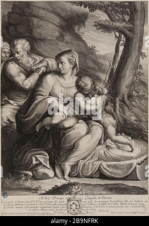 Die Jungfrau mit dem Jesuskind, die den heiligen Johannes den Täufer vom Parmesan umarmte (Dutuit S. 31, Le Blanc 17) Cornelis II Bloemaert, dit le Jeune (1603-1692). La Vierge Mieter l'Enfant Jésus qui embrasse Saint Jean Baptiste d'après le Parmesan (Dutuit S. 31, Le Blanc 17). Burin, XVIIe siècle. Musée des Beaux-Arts de la Ville de Paris, Petit Palais. Stockfoto