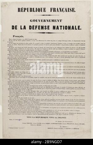 REGIERUNG DER NATIONALEN VERTEIDIGUNG. FRANZÖSISCH, PARIS HAT WAFFEN EINGEREICHT, UM DEN HUNGER ANONYME ZU BEOBACHTEN. "Gouvernement de la Défense Nationale. Français, Paris a déposé les armes à la veille de mourir de faim'. Typographie. 1871. Paris, musée Carnavalet. Stockfoto