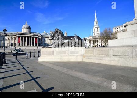 Ein desertierter Trafalgar Square, am Tag vor der Londoner Sperrung infolge der Coronavirus Pandemie 2020 Stockfoto
