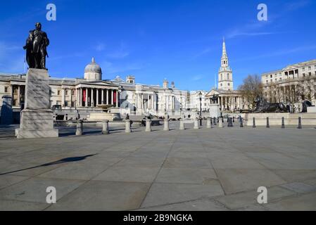 Ein desertierter Trafalgar Square, am Tag vor der Londoner Sperrung infolge der Coronavirus Pandemie 2020 Stockfoto