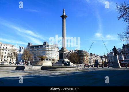Ein desertierter Trafalgar Square, am Tag vor der Londoner Sperrung infolge der Coronavirus Pandemie 2020 Stockfoto