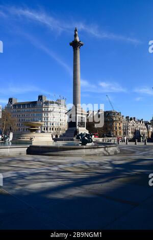 Ein desertierter Trafalgar Square, am Tag vor der Londoner Sperrung infolge der Coronavirus Pandemie 2020 Stockfoto