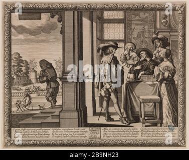 Geschichte des verlorenen Sohnes: Seine Abreise. Erste Ausgabe einer Serie von 6 Stück. Dutuit Seite 63 Abraham Bosse (1602-1676). 'Histoire de l'Enfant Prodigue : son départ. Premier numéro d'une Suite de 6 pièces. Dutuit Seite 63'. Eau-forte. 1.650. Musée des Beaux-Arts de la Ville de Paris, Petit Palais. Stockfoto