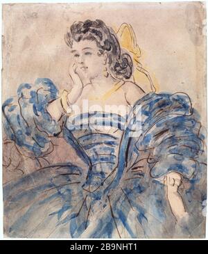 FRAU ZU CRINOLINE Conantin-Jungs (1802-1892). "Femme à la crinoline" (en buste, décolleté, robe bleue, noeud jaune). Aquarelle et plume sur Papier blanc. Musée des Beaux-Arts de la Ville de Paris, Petit Palais. Stockfoto