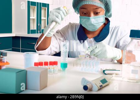 Weibliche afrikanische Medizinstudenten, junge Absolventen im Forschungslabor oder im medizinischen Testlabor führen verschiedene Tests an Patientenproben durch. Nukleinsäuren Stockfoto