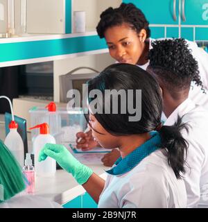 Weibliche afrikanische Medizinstudenten, junge Absolventen in der Forschung, medizinisches Testlabor, das verschiedene Tests an Proben durchführt. Nukleinsäure-pcr-Test zum Nachweis Stockfoto