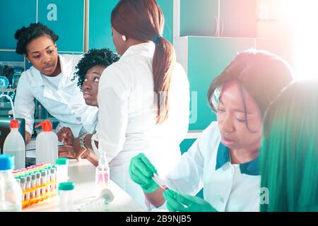 Weibliche afrikanische Medizinstudenten, junge Absolventen in der Forschung, medizinisches Testlabor, das verschiedene Tests an Proben durchführt. Nukleinsäure-pcr-Test zum Nachweis Stockfoto