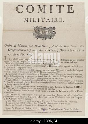 MILITÄRAUSSCHUSS, BORDSTEINJÄGERBATAILLONE, DIE DER SEGEN DER FLAGGEN UNSERER FRAU ANONYME SEIN MUSS. "Comité Militaire, Ordre de marche des bataillons dont la bénédiction des drapeaux doit se faire à Notre-Dame". Tiefdruck sur bois/Typographie. 1789. Paris, musée Carnavalet. Stockfoto