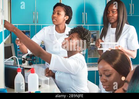 Gruppe von weiblichen afrikanischen Medizinstudenten oder jungen Absolventen in Forschung oder medizinischem Testlabor, die verschiedene Tests an Proben durchführen. PCR-Nukleinsäuren Stockfoto