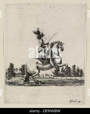 ANDERE ÜBUNGEN DER KAVALLERISTEN - DER REITER DREHT NACH RECHTS UND MACHT das Pferd Stefano della Bella (1610-1664). 'Divers exercices de cavalerie : Cavalier tourné vers la droite et faisant caracoler son cheval'. Eau-forte. Musée des Beaux-Arts de la Ville de Paris, Petit Palais. Stockfoto