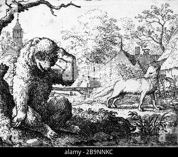 ILLUSTRATION FÜR ROMAN RENART: 1650/1655 ZU: 12- FOX-MOCKS TRAGEN, DASS WIR ALLE LINKS PITEUX ALLAERT VAN EVERDINGEN (1621-1675) SEHEN. Illustrationen für "Roman de Renart" : vers 1650-1655 : 12- "Le renard se moque de l'ours que l'on voit tout piteux à gauche". Eau-forte. Musée des Beaux-Arts de la Ville de Paris, Petit Palais. Stockfoto