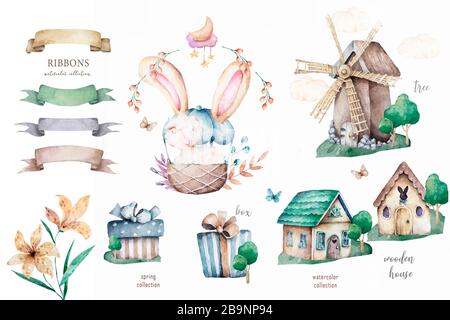 Holzhaus Bunny süße handgezeichnete Aquarellzeichnung für die Ostersammlung auf isoliertem weißem Hintergrund Stockfoto