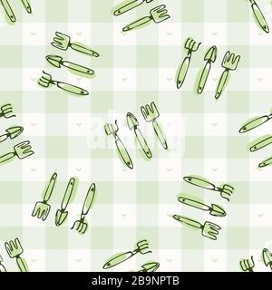 Handgezeichnetes, skurriles Gartenwerkzeug setzt Skizzentextur. Grünes Gingham nahtloses Muster. Vector Vintage check Retro Homesteading Garden Rake Fork Stock Vektor