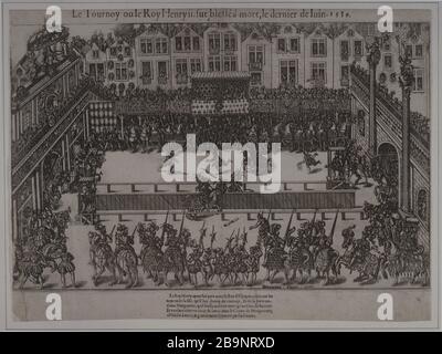 PARIS - TOD VON HEINRICH II. Jacques Tortorel (1568-1592)/Jean-Jacques Perrissin (1536-1611). "Le tournoi où le ROI Henri II fut blessé à mort, rue Saint-Antoine, devant le palais des Tournelles, le dernier jour de juin 1559". Paris, musée Carnavalet. Stockfoto