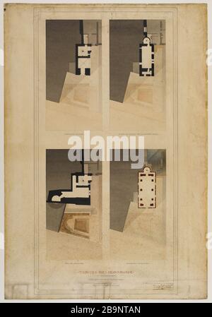 Hotel des Ducs de Bourgogne, Statement of Condition and Restoration Project. Wiederherstellungsprojekt, Plan jeder Ebene. Rundgang durch die Burgunderherzöge, 2. Bezirk. Restaurierungsprojekt, jeder Level-Plan Charles Gustave Huillard (1825-1893). Hôtel des Ducs de Bourgogne, relevé d'état et projecet de Restauration. Projekt de Restauration, Plan de chaque niveau. Tour des Ducs de Bourgogne. Paris (IIème arr.). Encre rouge et noire à la plume, lavis noir, aquarelle et gouache rouge sur Papier, 15 novembre 1877. Musée Carnavalet, Histoire de Paris. Stockfoto