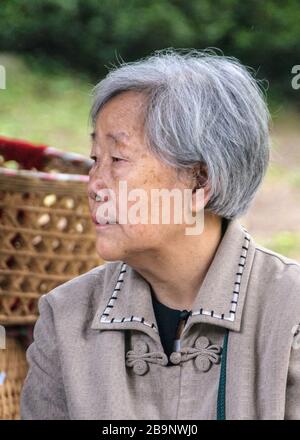 Chongqing, China - 9. Mai 2010: Im Zoo oder im Tierpark. Nahaufnahme des ernsten Gesichts der grauenden Frau mit beige-brauner Weste gegen blassgrüne folia Stockfoto