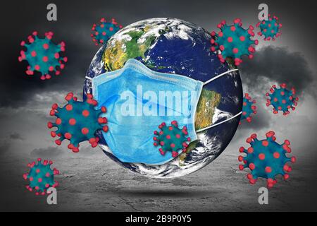 Coronavirus Erdglobus mit blauer Atemschutzmaske. Corna Virus Globale Epidemie Epidemie Epidemie medizinische Prävention Konzept dunkel Stockfoto