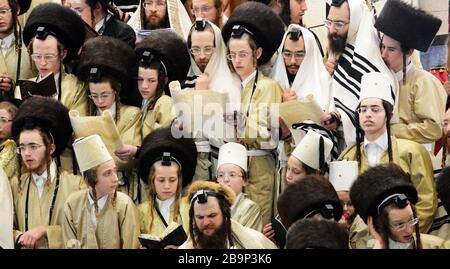 Hassidisch-jüdische Männer feiern Purim-Festival in ihrem Yeshiva (bibelschule) in Mea-Shearim-Viertel in Jerusalem. Stockfoto