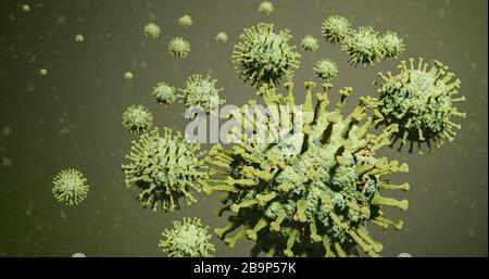 Tödlicher Yellow-Green-Cluster aus COVID-19 Corona Influenza-Virus-Molekülen, die in Partikeln schweben - nCOV Coronavirus Pandemie-Ausbruch 3D-Abbildung Stockfoto