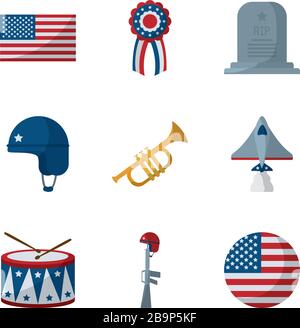 Flat Style Icon Set Design, Memorial Day Holiday patriotische Freiheitsfeier Unabhängigkeit Veteran und Patriotismus Thema Vector Illustration Stock Vektor