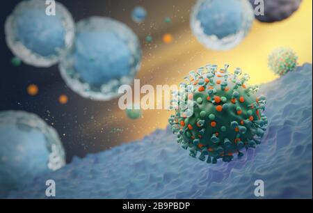 Filmische Visualisierung von Coronavirus Virion, verursacht COVID-19, SARS und MERS. 3D-Rendering für Nachrichten und medizinische Illustration Stockfoto