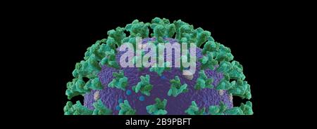 Coronavirus COVID-19 3d-Rendering medizinische Darstellung, isoliert mit grauem Hintergrund, vollständige Visualisierung von Oberflächenvirionstrukturen Stockfoto