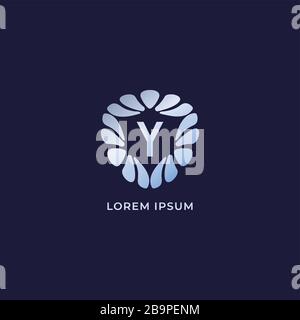 Vorlage für das Design des Buchstabens Y-alphabetischen Logos. Luxuriöses, dekoratives Alphabet, auf marineblauem Hintergrund isoliert. Silbernes Metallic-Schmucklogo-Konzept Stock Vektor