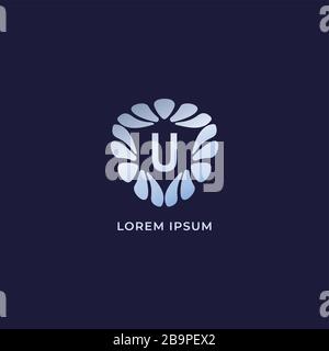 Designvorlage für Buchstaben-U-alphabetisches Logo. Luxuriöses, dekoratives Alphabet, auf marineblauem Hintergrund isoliert. Silbernes Metallic-Schmucklogo-Konzept Stock Vektor