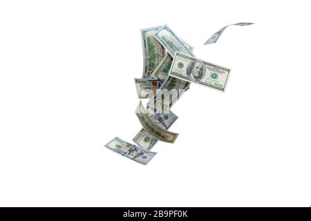 Amerikanisches Geld, sinkendes Bargeld. Fliegende Hundert Dollar. Stockfoto
