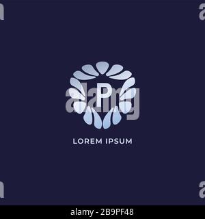 Designvorlage für Buchstaben-P-alphabetisches Logo. Luxuriöses, dekoratives Alphabet, auf marineblauem Hintergrund isoliert. Silbernes Metallic-Schmucklogo-Konzept Stock Vektor