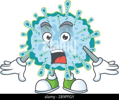 Ein Maskottchendesign von Coronavirus Krankheit, die eine überraschende Geste macht Stock Vektor