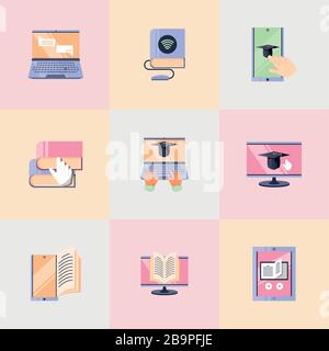 Set von Symbolen Online-Schulung, Design von Vektorgrafiken in der Bildungstechnologie Stock Vektor