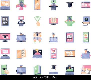 Set von Symbolen Online-Schulung, Design von Vektorgrafiken in der Bildungstechnologie Stock Vektor