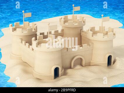 Sandcastle am Wasser am Strand. 3D-Abbildung. Stockfoto