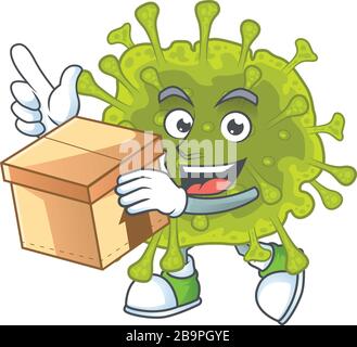 Eine Ikone des Coronavirus verbreiteten Maskottchen-Designstils mit einer Schachtel Stock Vektor