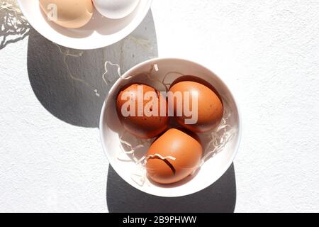 Eier in Schüsseln im Freien auf weißem Hintergrund. Osterkonzept. Stockfoto