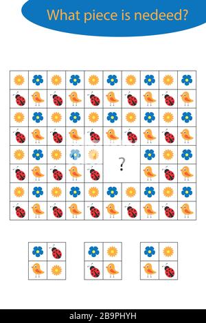 Füllen Sie das Puzzle aus, und finden Sie den fehlenden Teil des Covers, das unterhaltsame Schulspiel für Kinder, die Vorschularbeitsblattaktivität für Kinder, die Aufgabe für die Stock Vektor