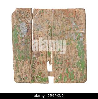 Alter Holzstuhl aus Vintage. Verwitterte gerissene Holzoberfläche verblendete die Farbe eines Holzstuhls. Stockfoto