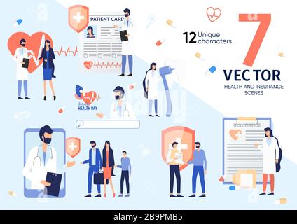 Die Vektorszenen Der Healthcare Insurance Services Sind Festgelegt Stock Vektor