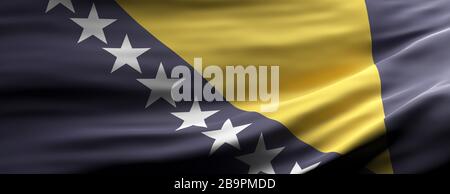 Symbol für Zeichen von Bosnien und Herzegowina. Bosnien und Herzegowina Nationalflaggen winken Texturhintergrund, Banner. 3D-Abbildung Stockfoto