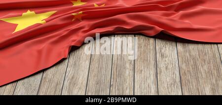 Chinesische Flagge. Chinesisches Symbol auf Holztischhintergrund. China Nation, Sprache, Kulturkonzept, Kopierraum, Vorlagen-Mockup. 3D-Illustration Stockfoto