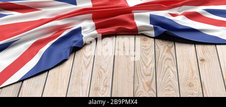 Britische Flagge. Symbol für das United Kingdom Schild auf Holztisch. Großbritannien Sprache, Kulturkonzept, Kopierraum, Vorlagen-Mockup. 3d illust Stockfoto