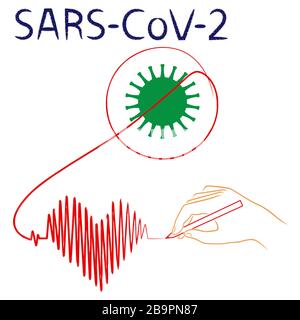 Die menschliche Hand durchzieht die Struktur des Coronavirus und zeichnet das Kardiogramm in Form eines Herzens, das das Leben symbolisiert, in kontinuierlicher roter Linie, isoliert auf dem w Stock Vektor